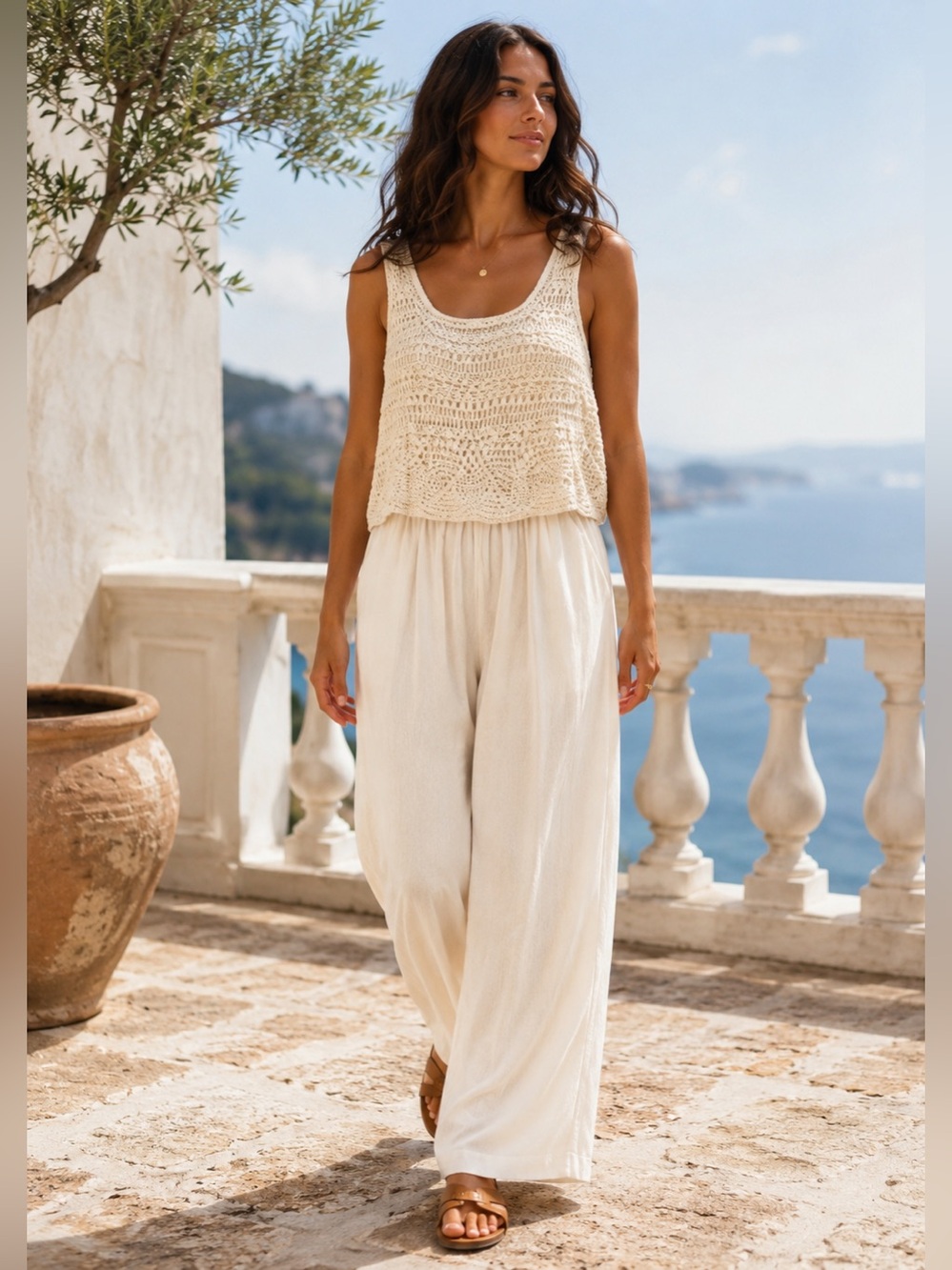 Ivory Crochet Wide Leg Resort Jumpsuit Boho Coastal M Lucky Brand